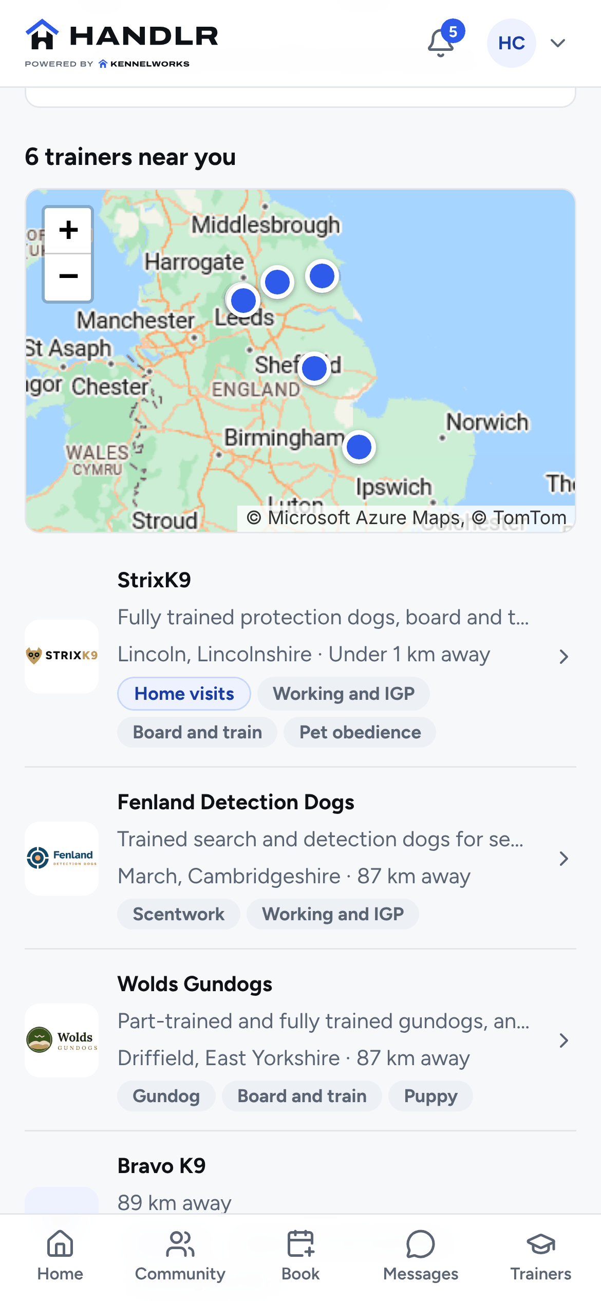 Find a trainer in Handlr: six trainers within 150 km of Lincoln on a map, with StrixK9, Fenland Detection Dogs and Wolds Gundogs listed by distance and what they teach